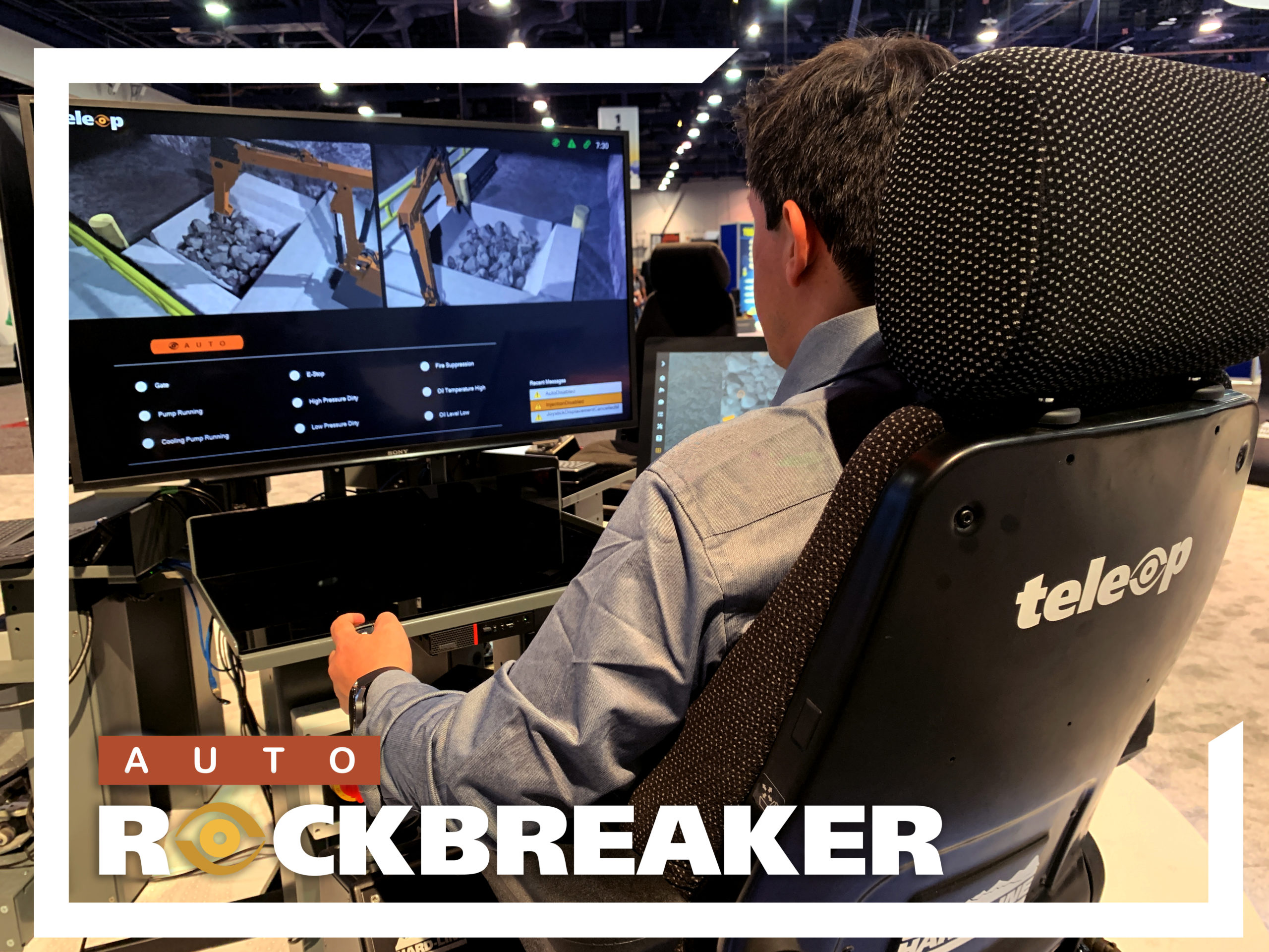 An Operator operating a Rockbreaker with the help of  HARD-LINE's Auto Rockbreaker using TeleOp